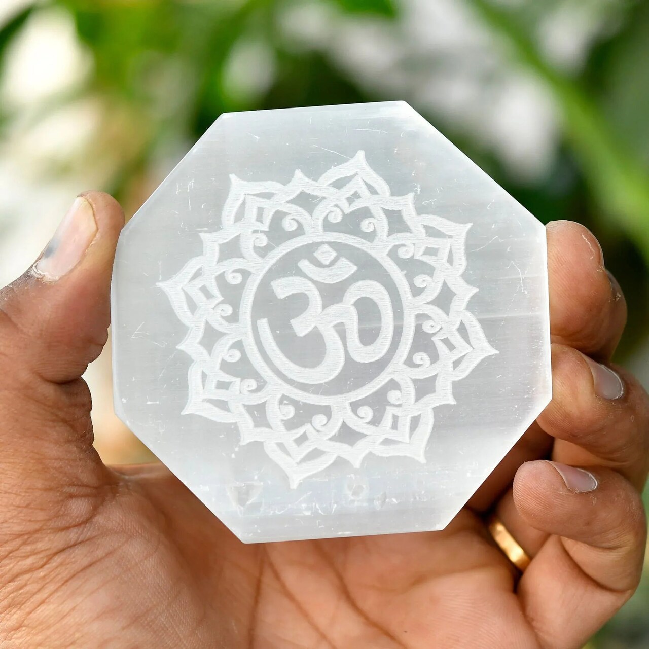 Selenite Charging Plate for Crystals and Healing Stones Engraves Flower Of Life Buddha Om Ganesha 7 Chakra Coaster 3" Selenite Crystal Plate for Home Office Table Decor - Round Disc Plate